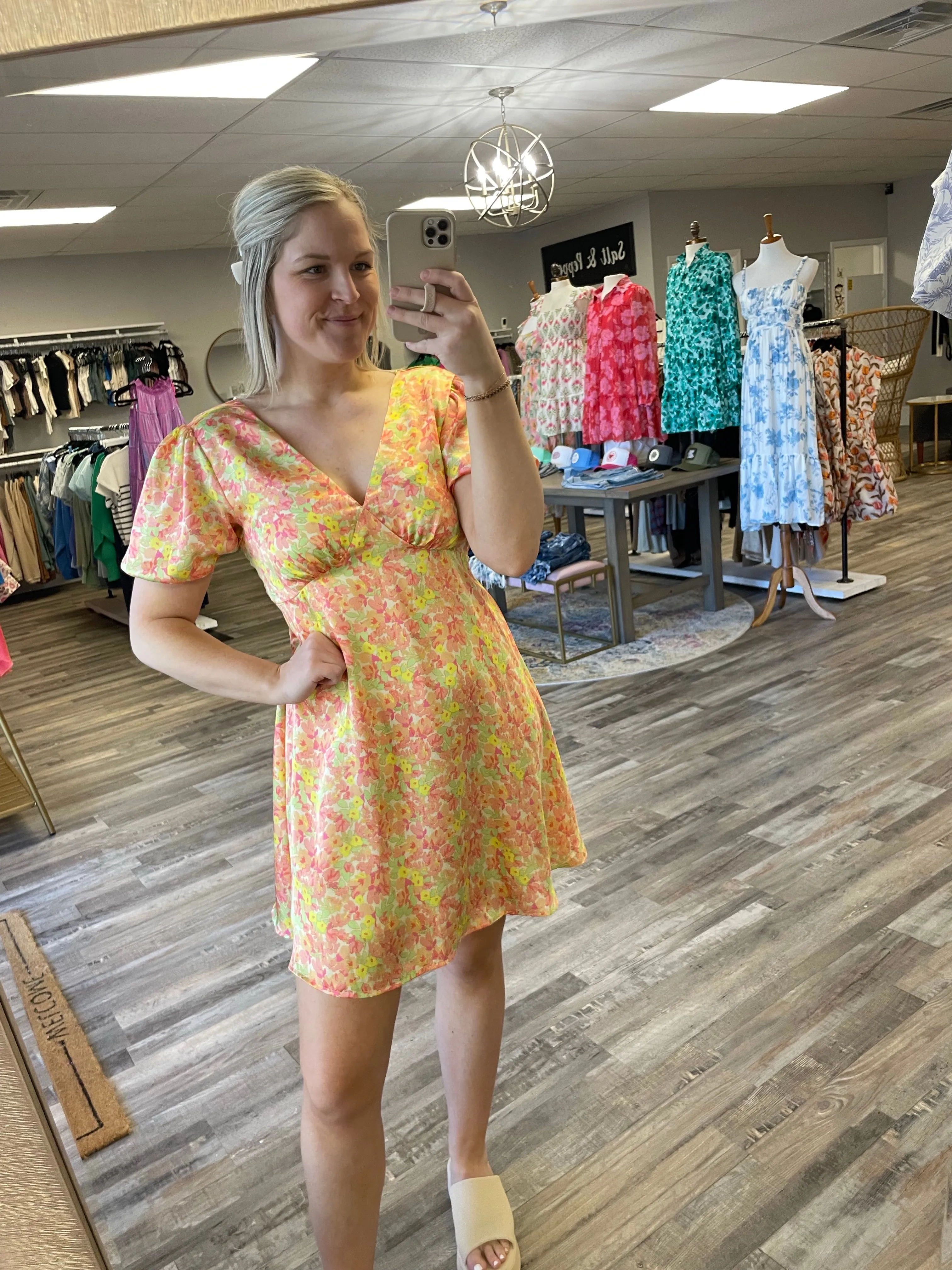 Flower Satin Mini Dress - Yellow Combo