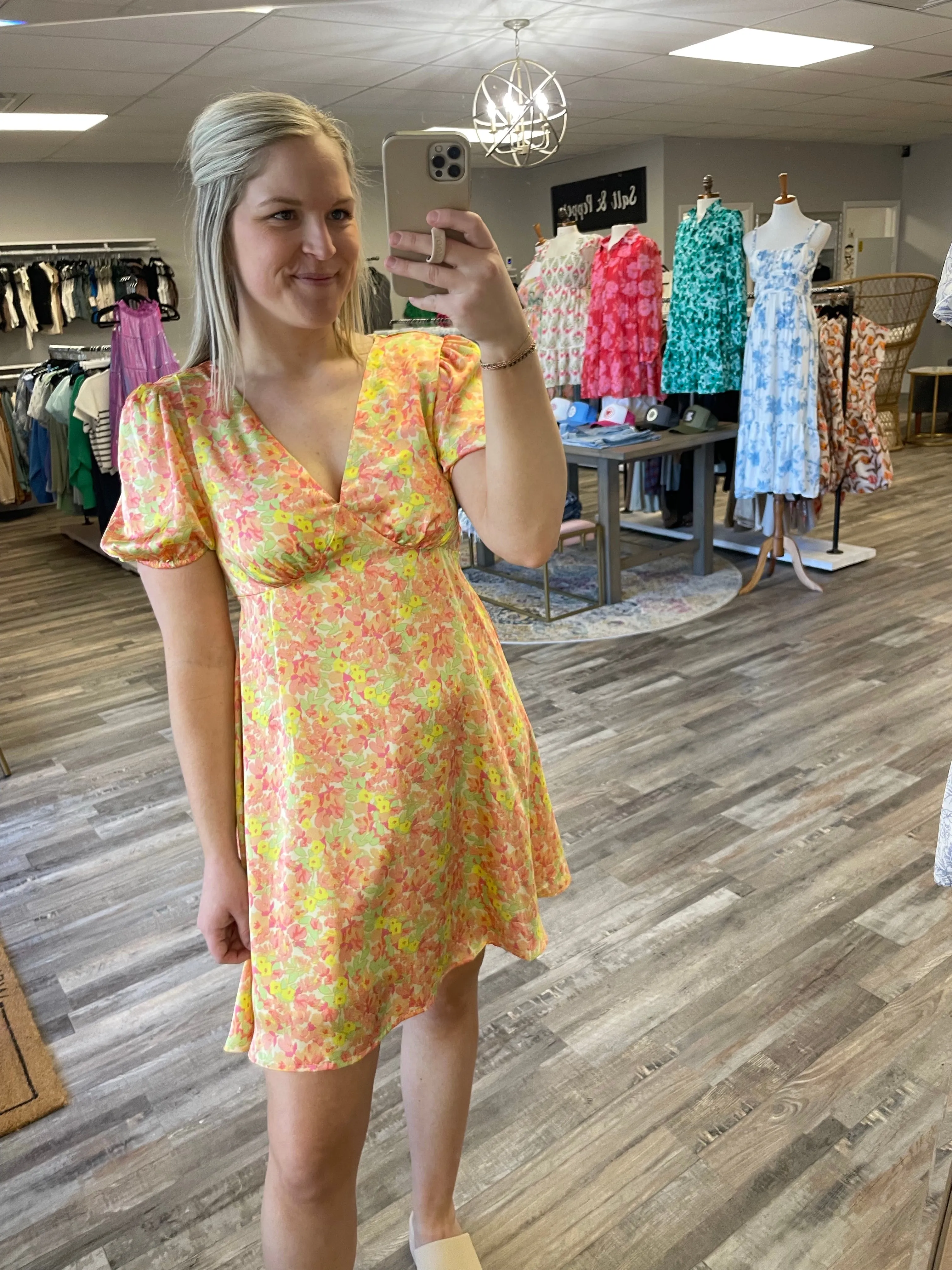 Flower Satin Mini Dress - Yellow Combo