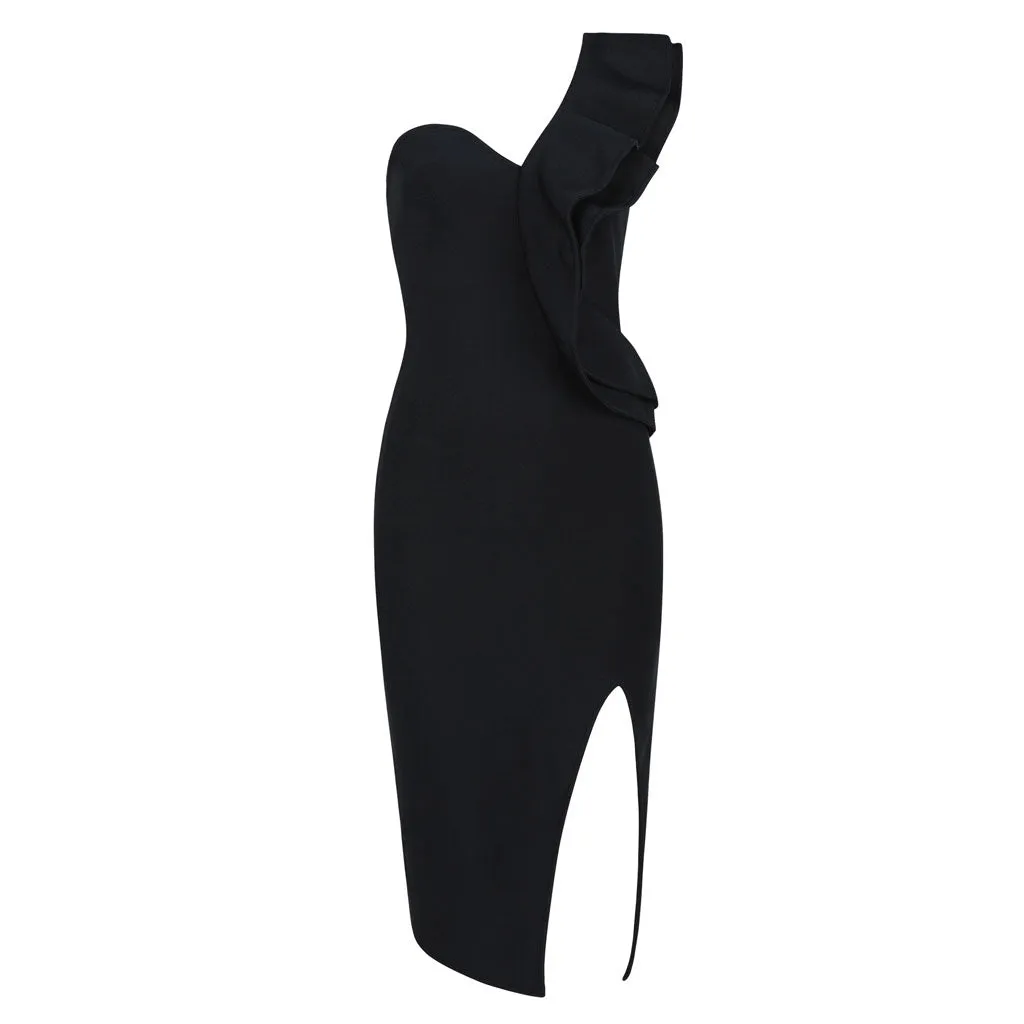 Flytonn- Ruffle One Shoulder High Slit Deep V Midi Party Dress - Black