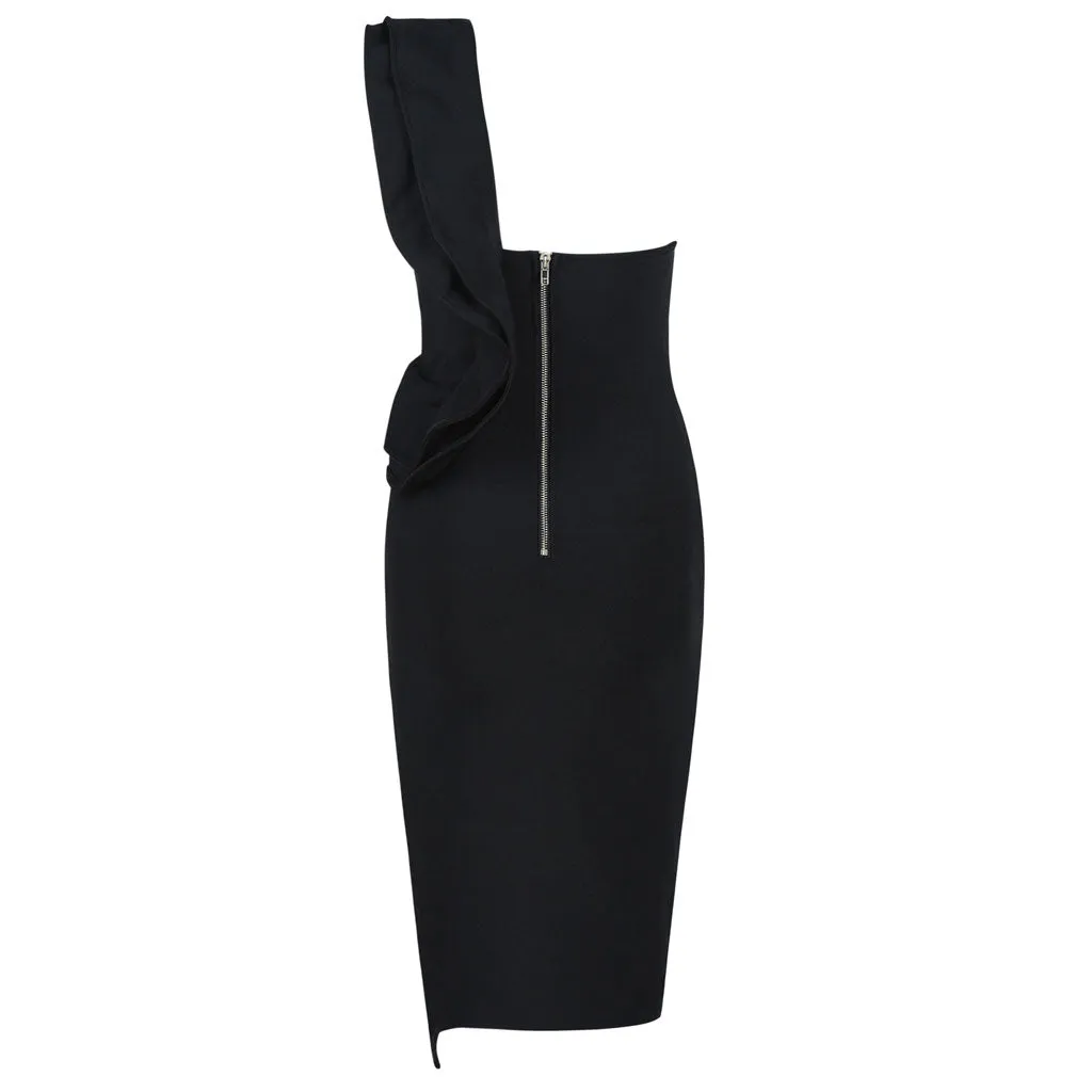 Flytonn- Ruffle One Shoulder High Slit Deep V Midi Party Dress - Black