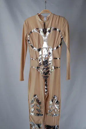 Handmade Beige Bodycon Bodysuit with Chrome Shining Details