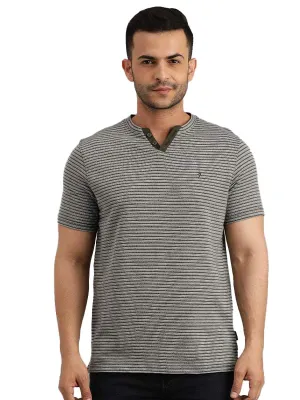 Indian Terrain Mens Striped Green Henley T-Shirt