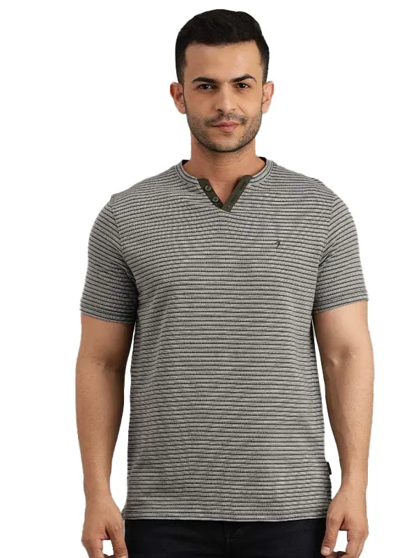 Indian Terrain Mens Striped Green Henley T-Shirt