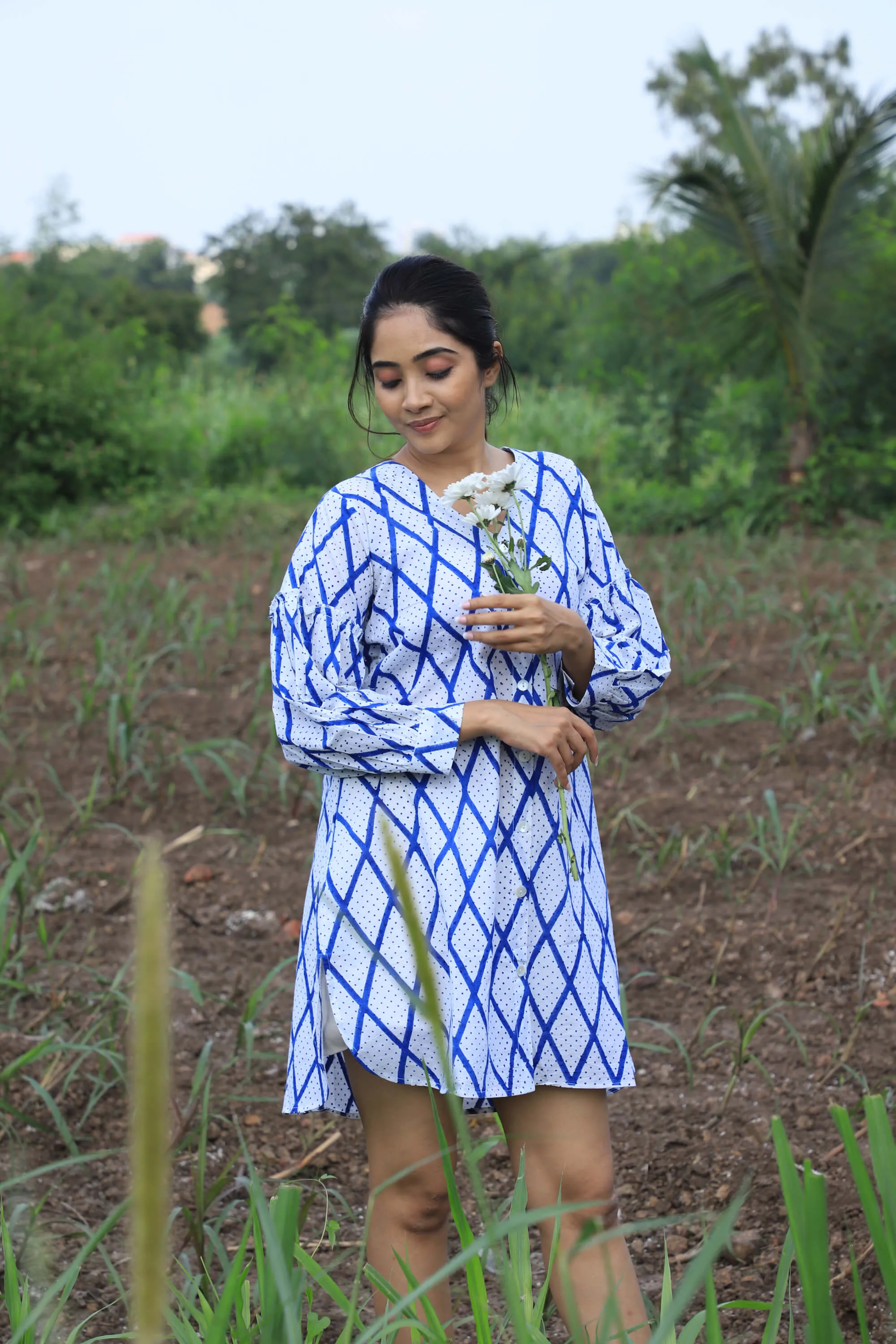 Indigo Chex Hand Block Print Shirt Dress for Women
