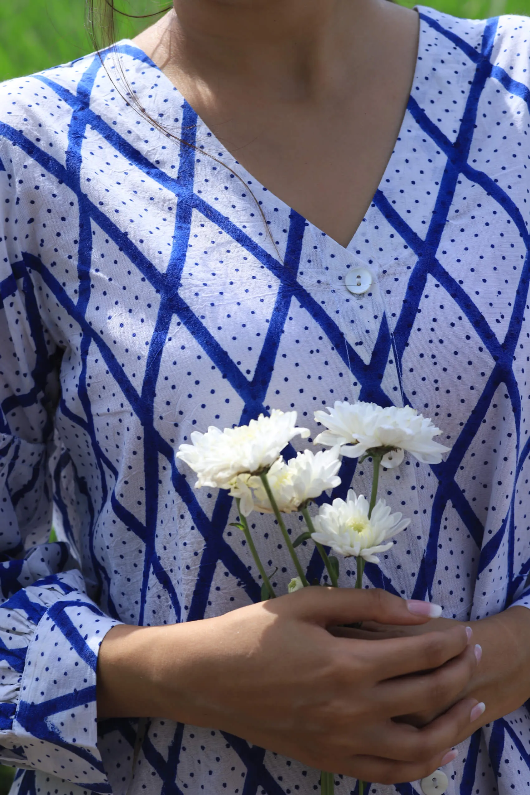 Indigo Chex Hand Block Print Shirt Dress for Women