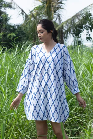 Indigo Chex Hand Block Print Shirt Dress for Women