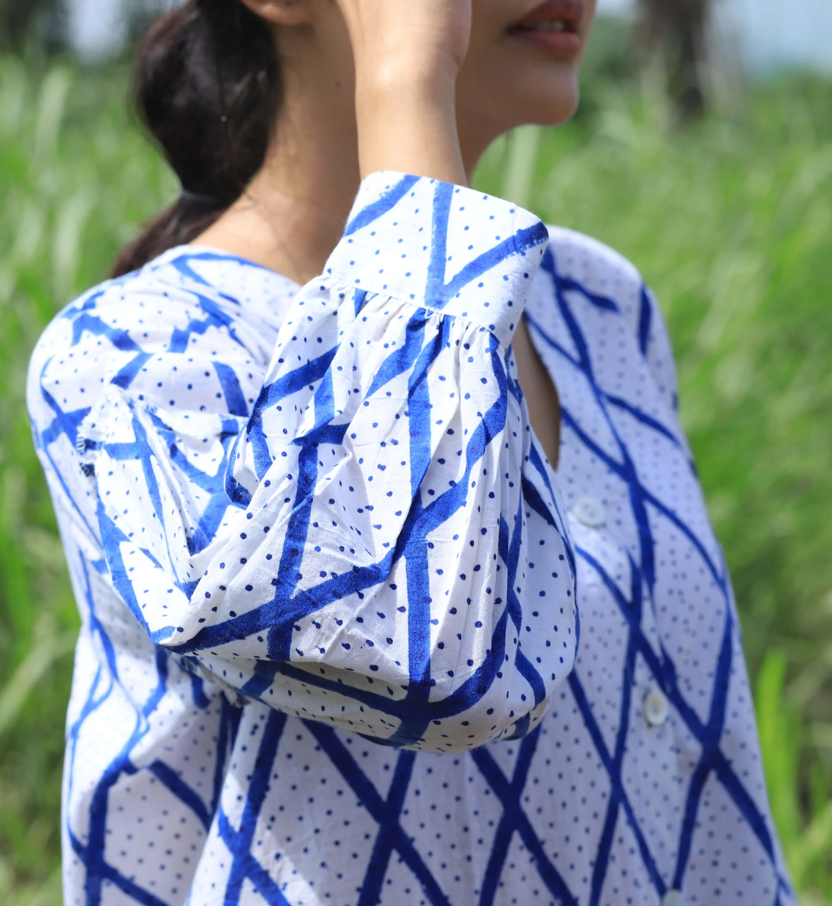 Indigo Chex Hand Block Print Shirt Dress for Women