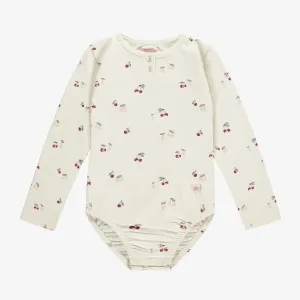 Justaucorps crème avec motifs de cerises en jersey extensible, enfant || Cream bodysuit with cherries print in stretch jersey, child