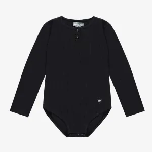 Justaucorps noir à manches longues en tricot côtelée extensible, enfant || Black bodysuit with long sleeves in stretch ribbed knit, child