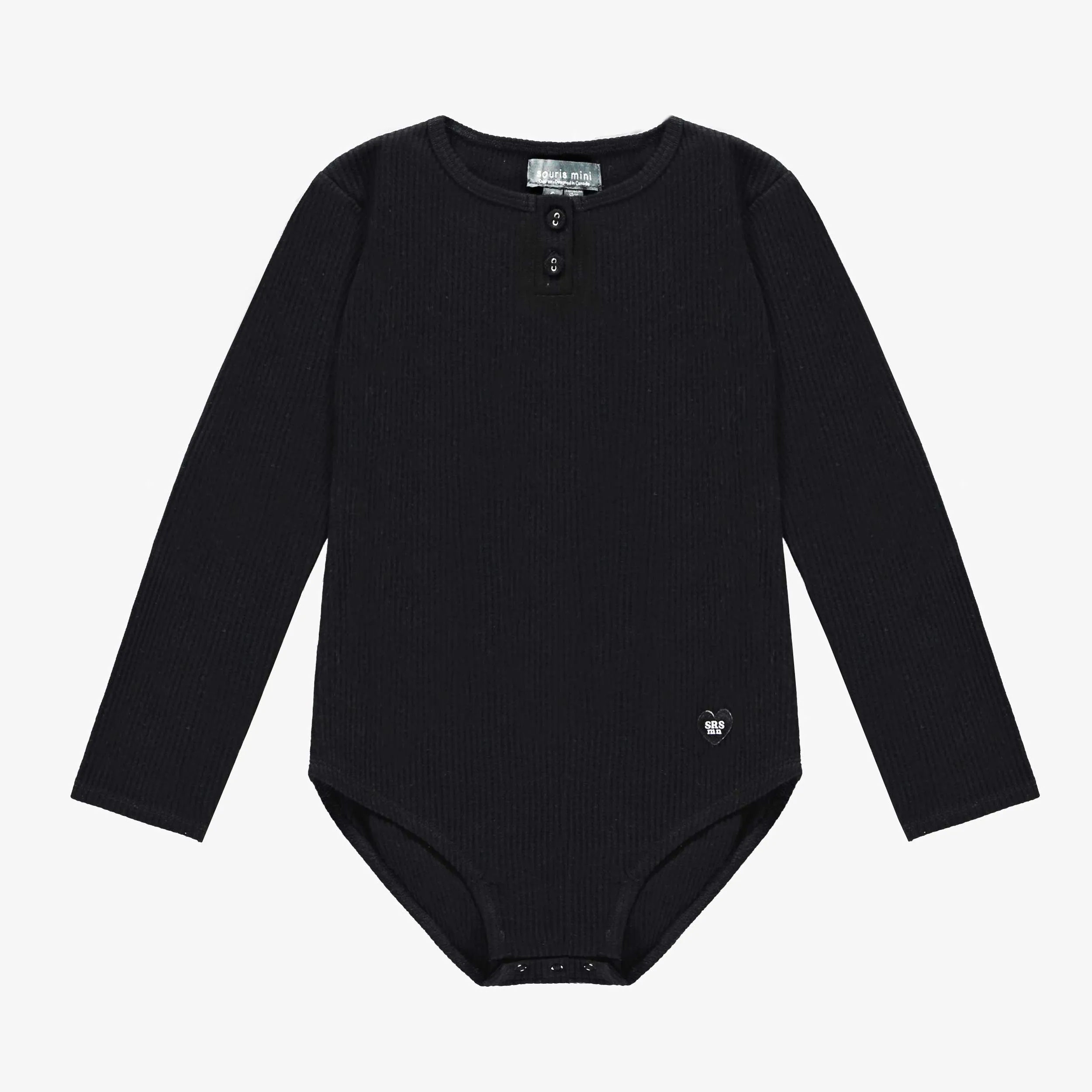 Justaucorps noir à manches longues en tricot côtelée extensible, enfant || Black bodysuit with long sleeves in stretch ribbed knit, child