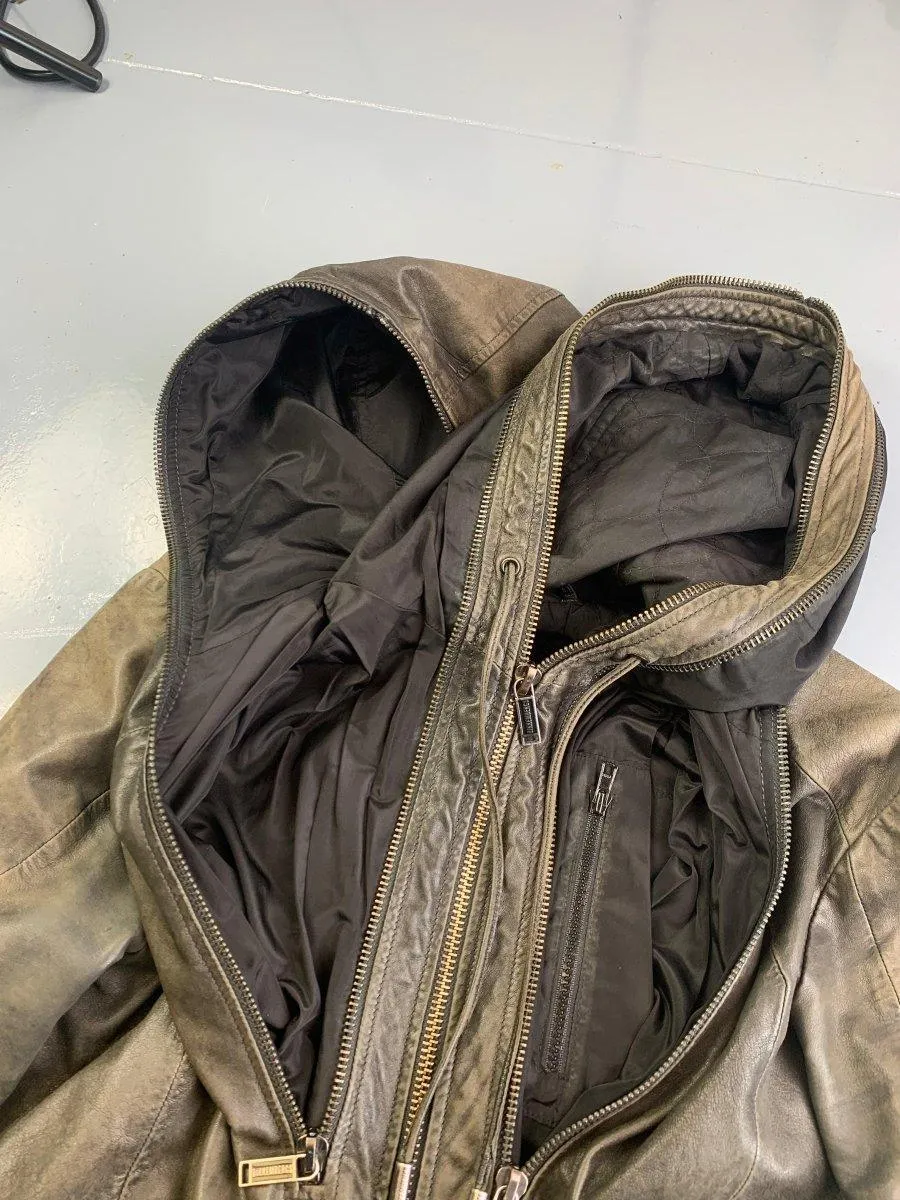 (L) Dirk Bikkembergs AW1998 Distressed Leather Multi Zip Gimp Hooded Bomber Jacket