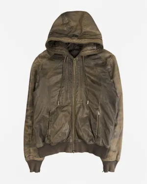 (L) Dirk Bikkembergs AW1998 Distressed Leather Multi Zip Gimp Hooded Bomber Jacket