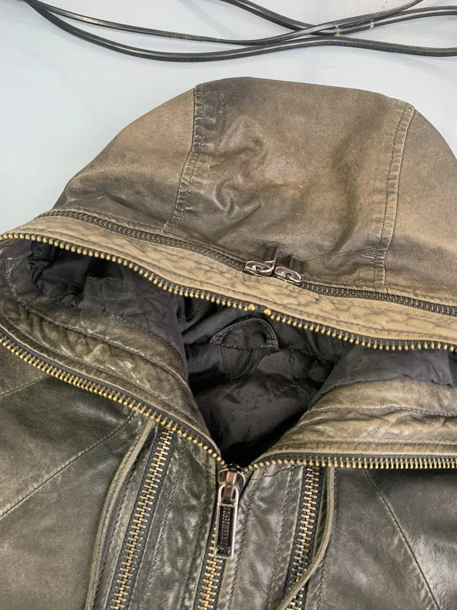 (L) Dirk Bikkembergs AW1998 Distressed Leather Multi Zip Gimp Hooded Bomber Jacket