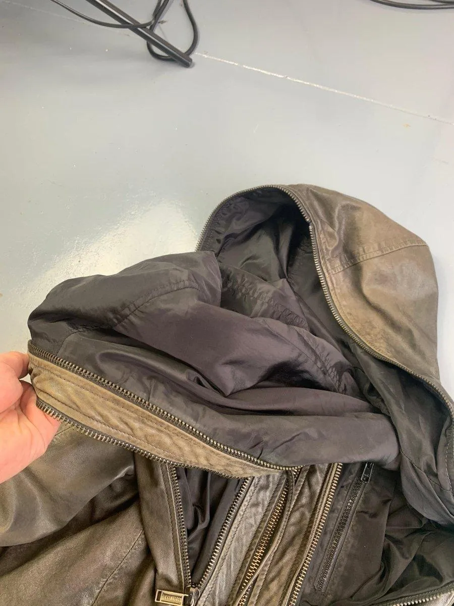 (L) Dirk Bikkembergs AW1998 Distressed Leather Multi Zip Gimp Hooded Bomber Jacket