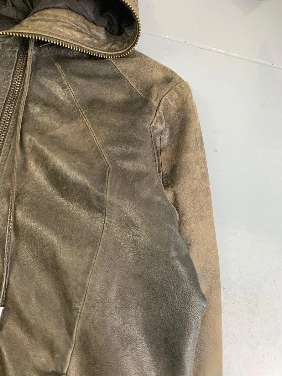(L) Dirk Bikkembergs AW1998 Distressed Leather Multi Zip Gimp Hooded Bomber Jacket
