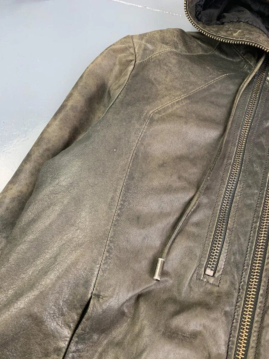 (L) Dirk Bikkembergs AW1998 Distressed Leather Multi Zip Gimp Hooded Bomber Jacket