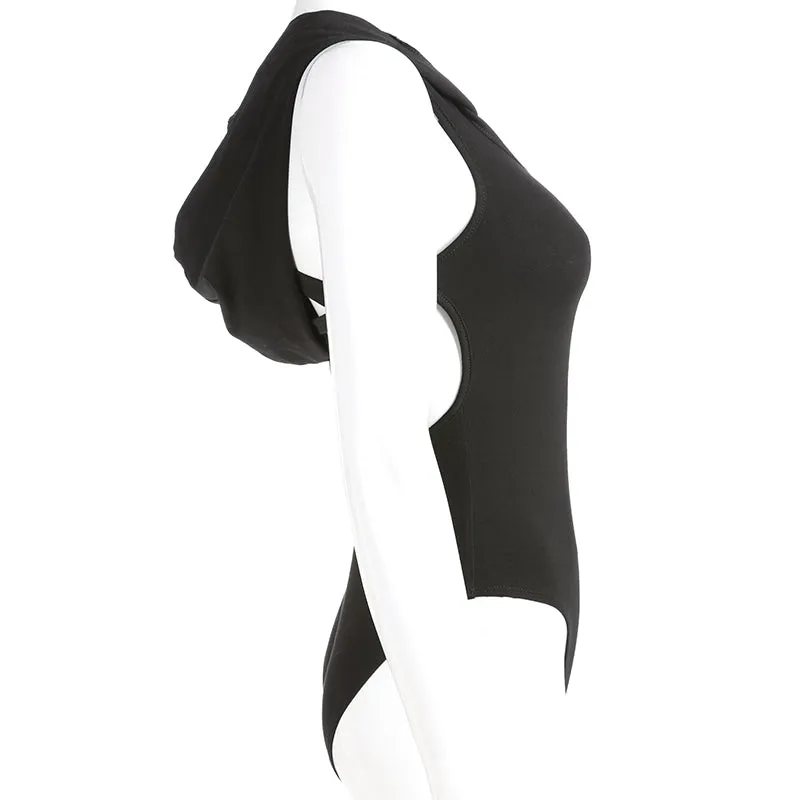 Ladies Criss Cross cutout back hoodie bodysuit
