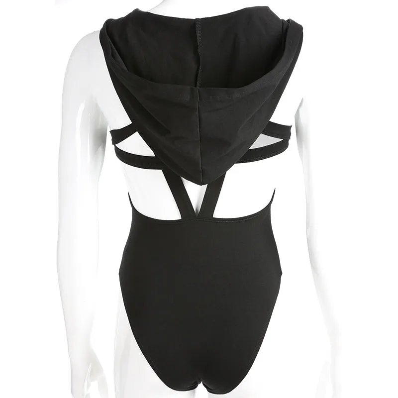 Ladies Criss Cross cutout back hoodie bodysuit