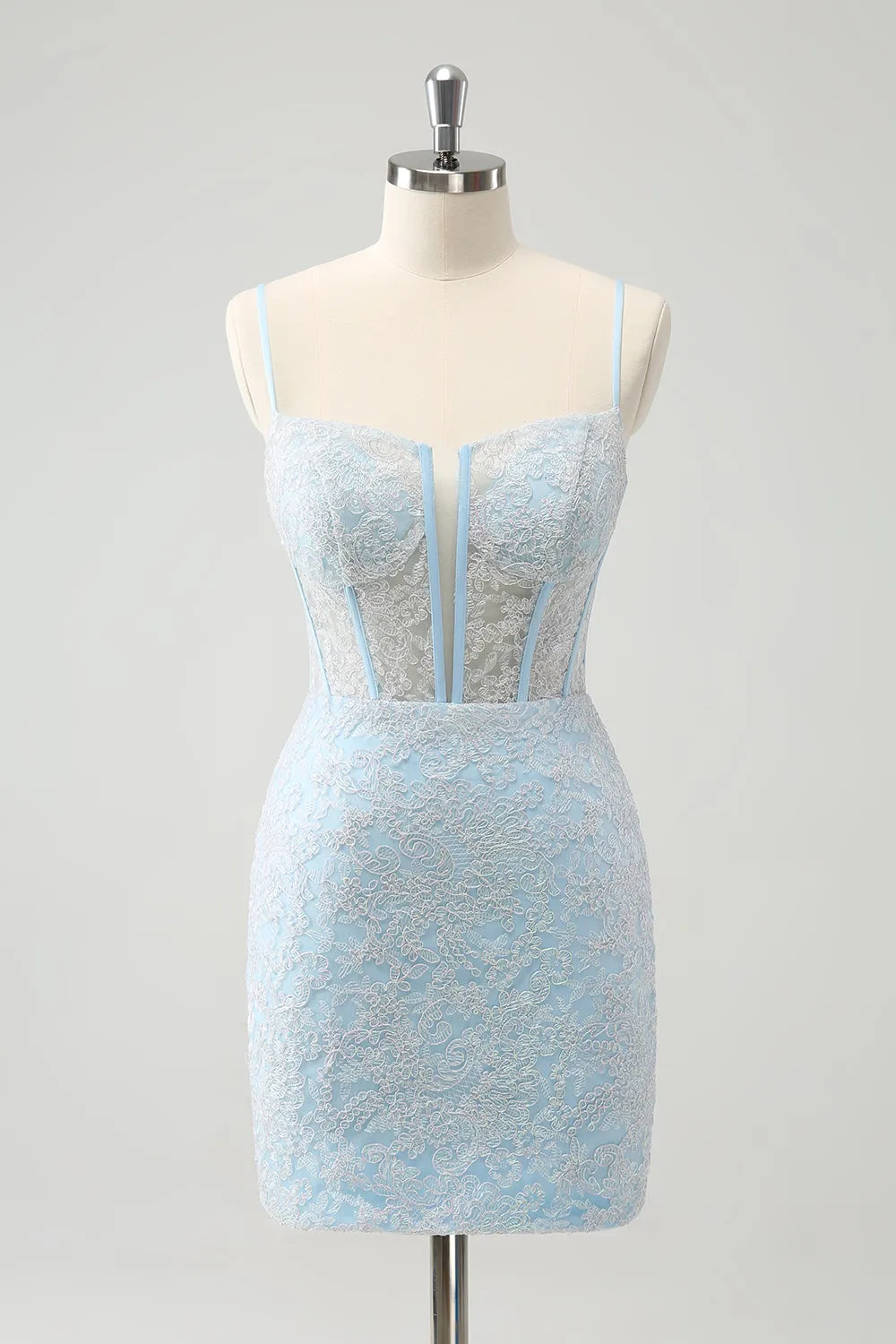 Light Blue Corset Spaghetti Straps Short Tight Homecoming Dresses with Lace Up Back