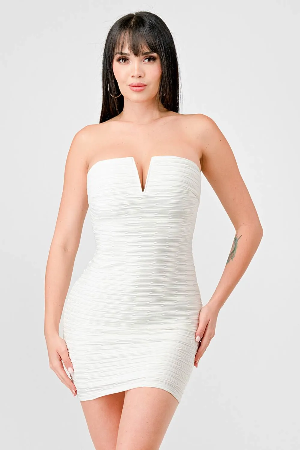 LUXE JACQUARD STRETCH OFF SHOULDER TUBE MINI DRESS