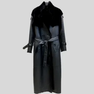 Luxury Long Real Leather Full Sleeve Double Breasted Coat