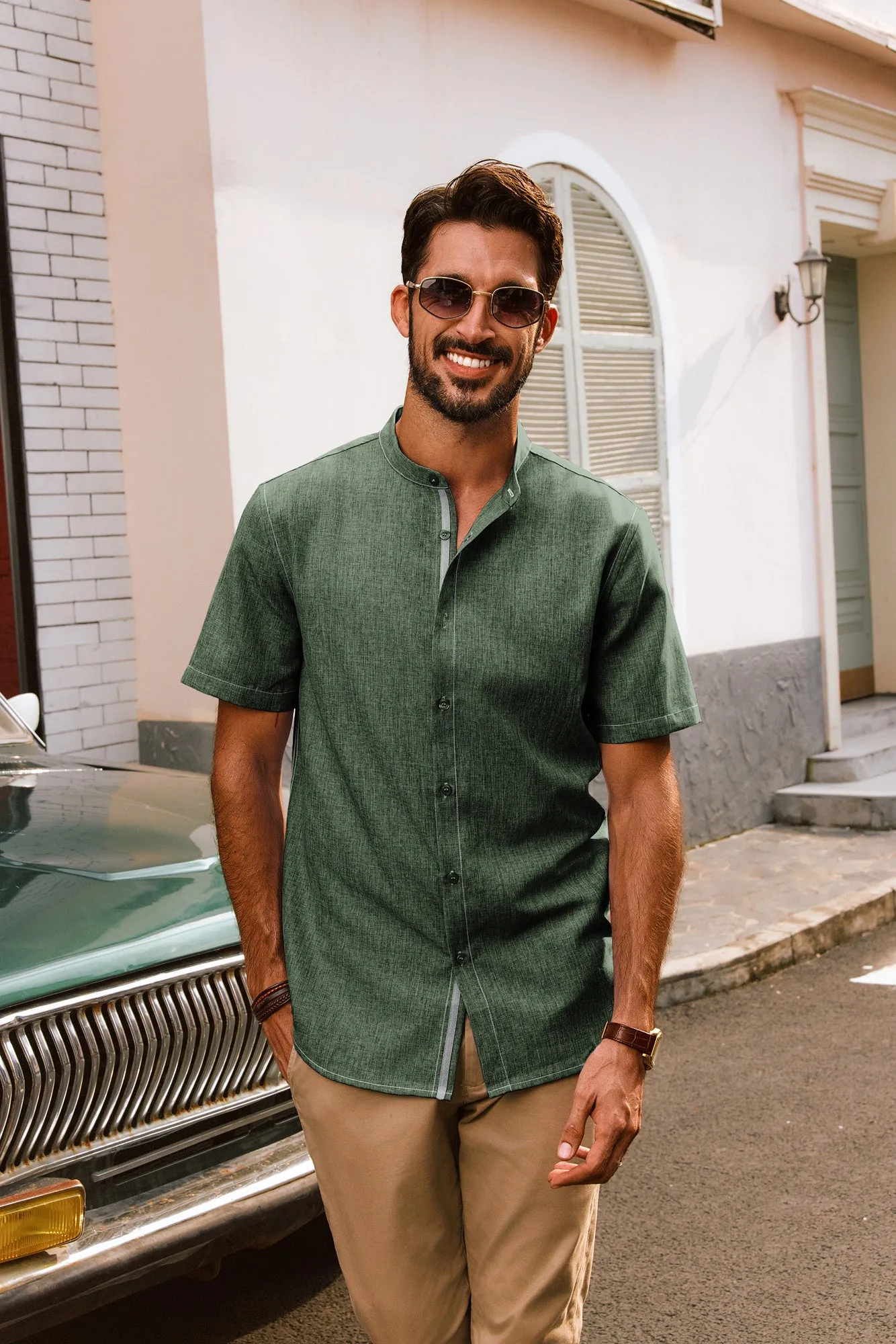 Men Stand Collar Shirt Casual Short Sleeve Curved Hem Button-up Tops