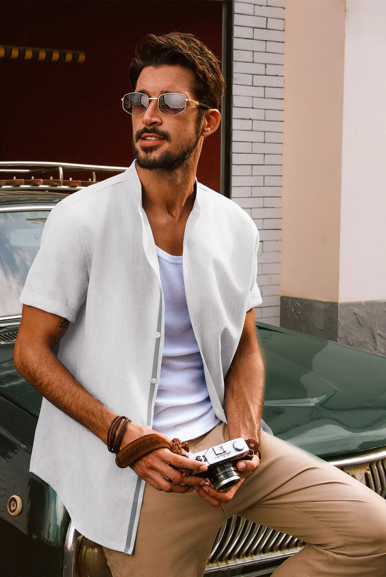 Men Stand Collar Shirt Casual Short Sleeve Curved Hem Button-up Tops