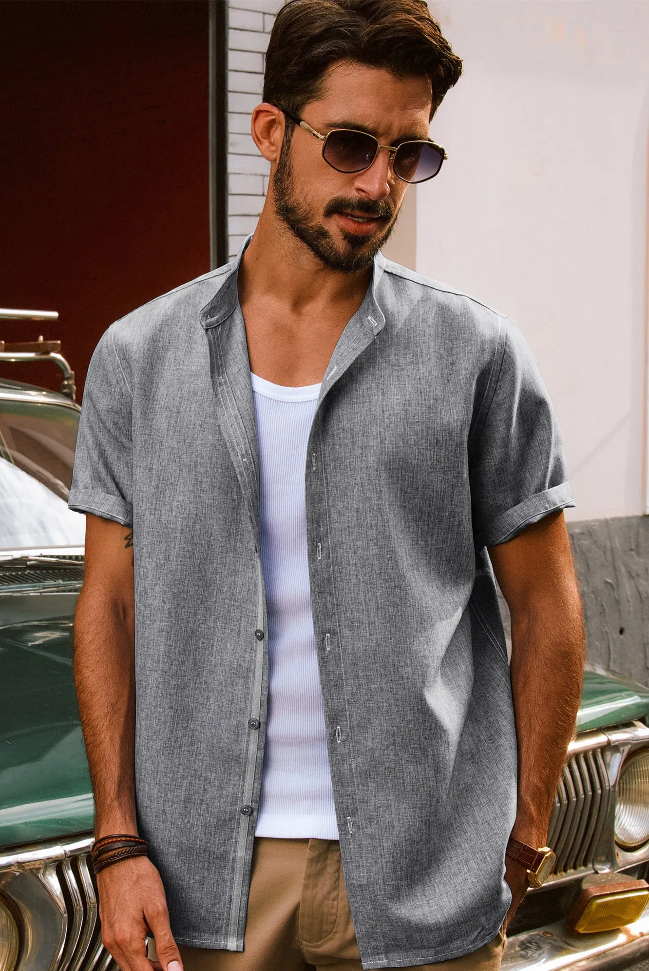 Men Stand Collar Shirt Casual Short Sleeve Curved Hem Button-up Tops