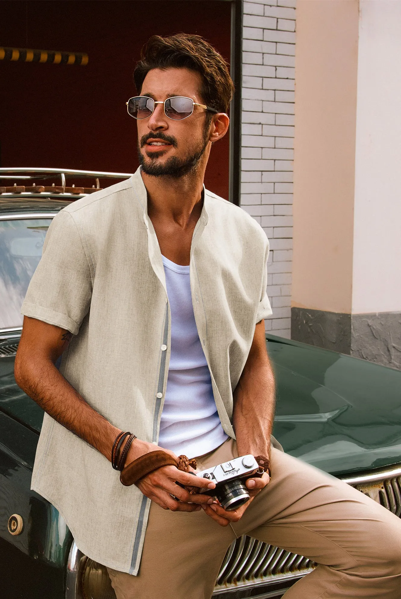 Men Stand Collar Shirt Casual Short Sleeve Curved Hem Button-up Tops