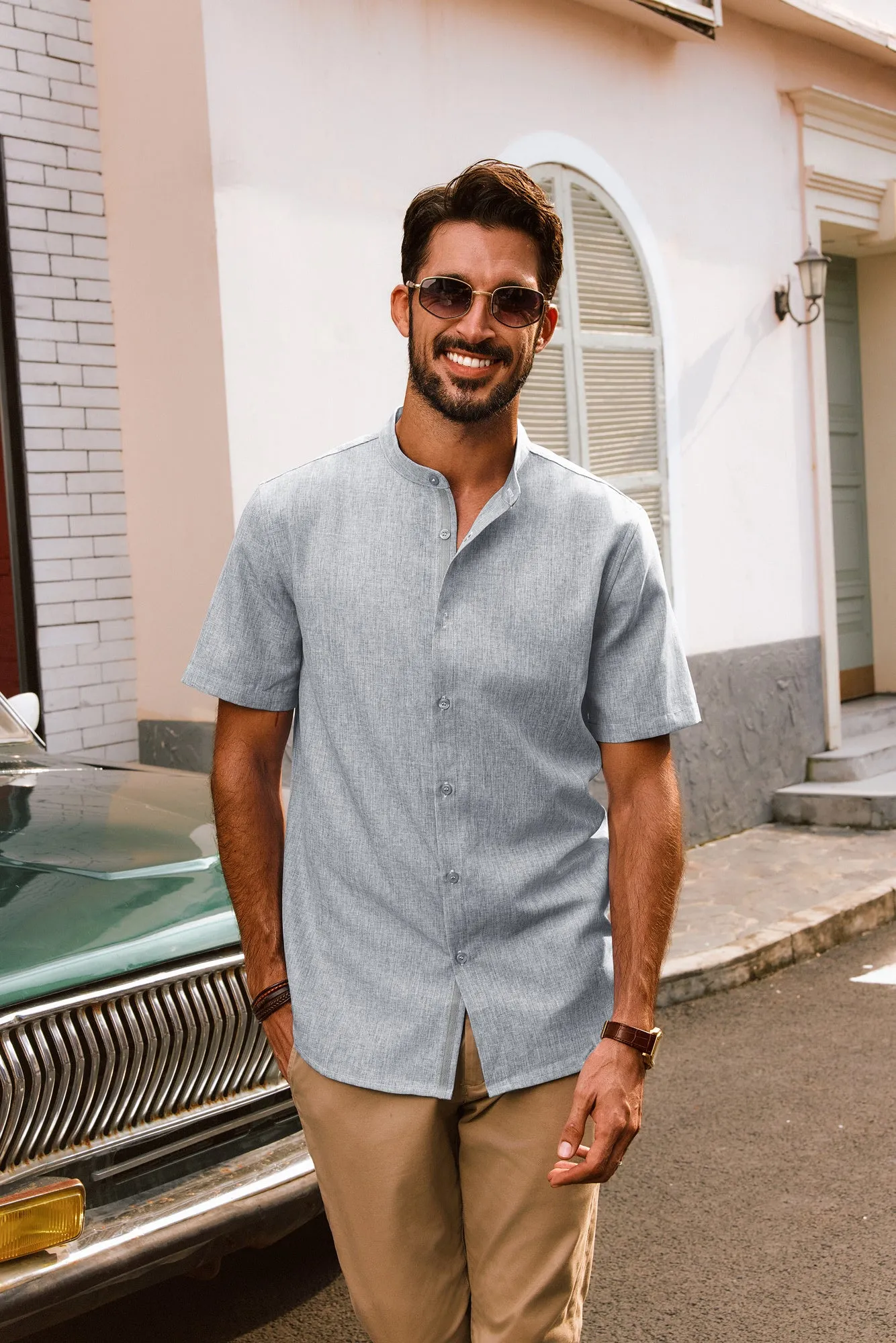 Men Stand Collar Shirt Casual Short Sleeve Curved Hem Button-up Tops