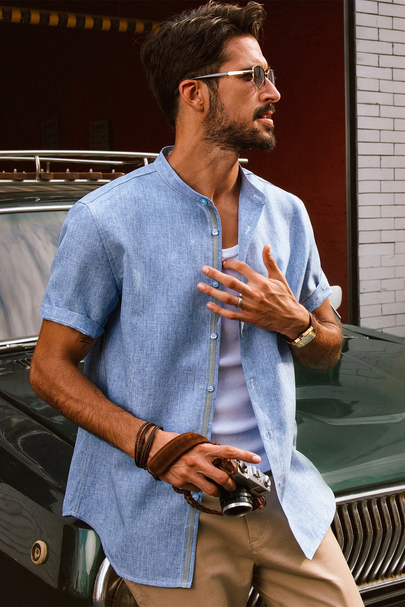 Men Stand Collar Shirt Casual Short Sleeve Curved Hem Button-up Tops