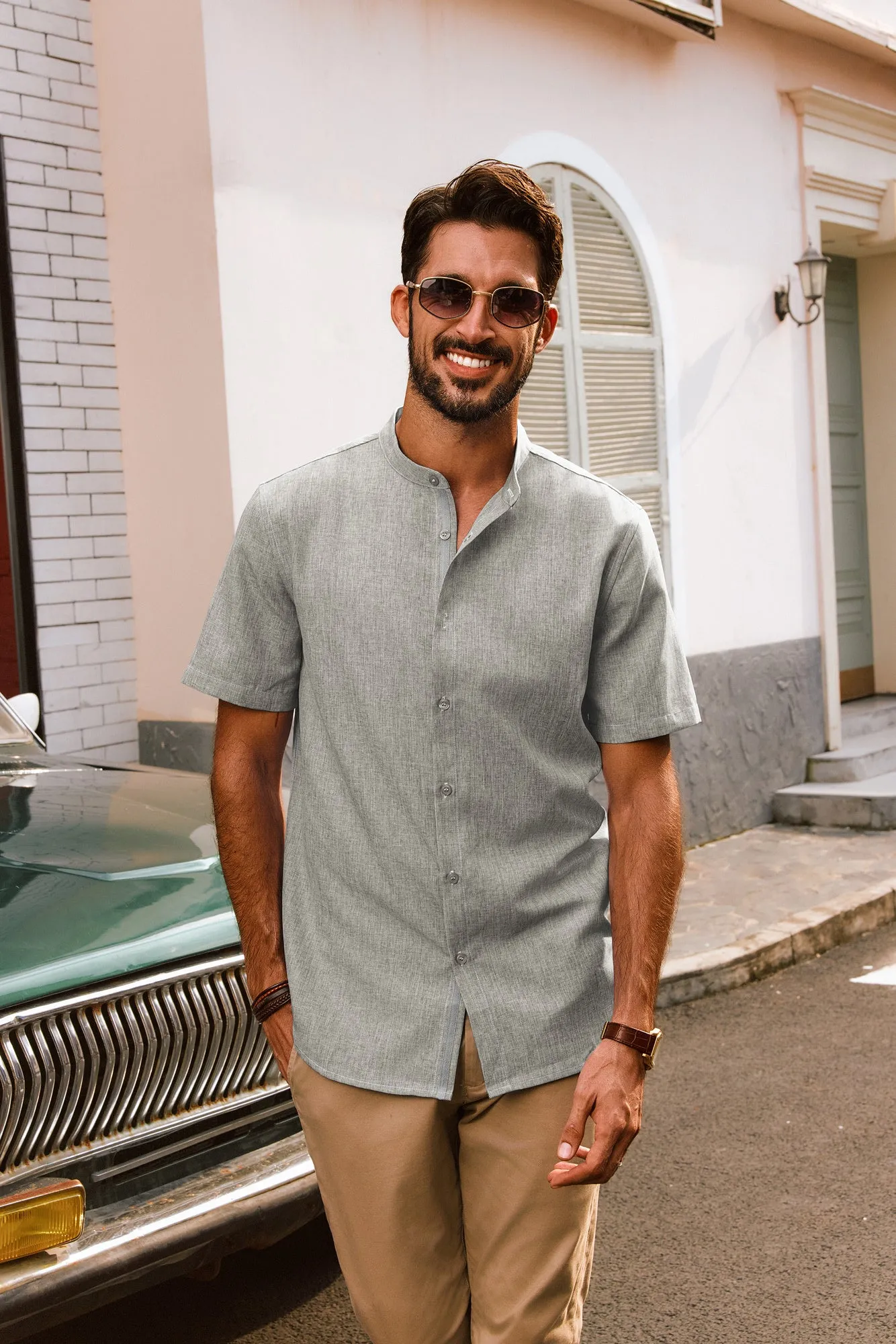 Men Stand Collar Shirt Casual Short Sleeve Curved Hem Button-up Tops