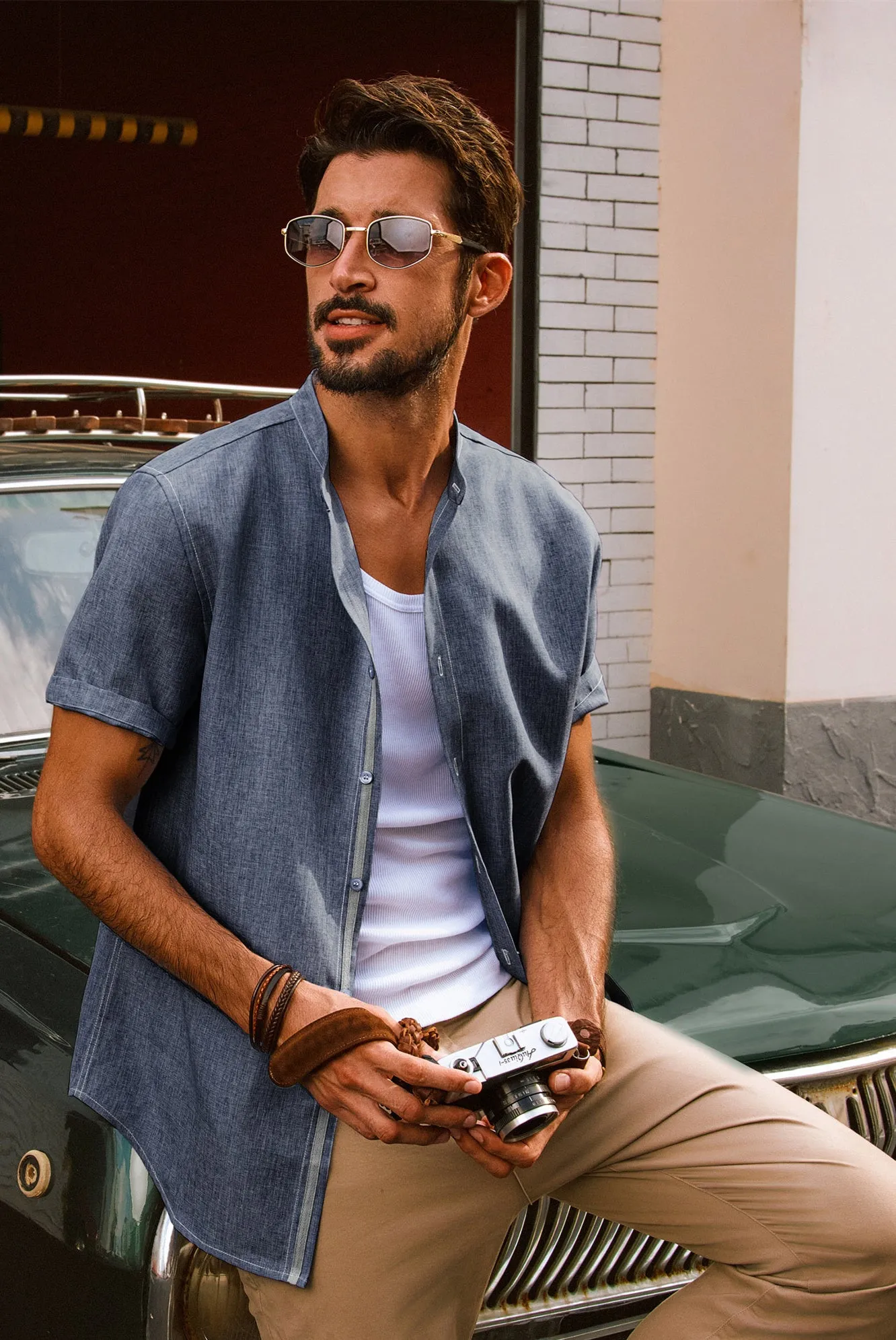Men Stand Collar Shirt Casual Short Sleeve Curved Hem Button-up Tops
