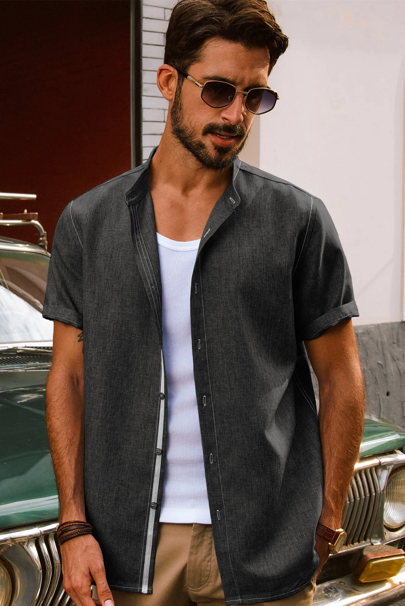 Men Stand Collar Shirt Casual Short Sleeve Curved Hem Button-up Tops