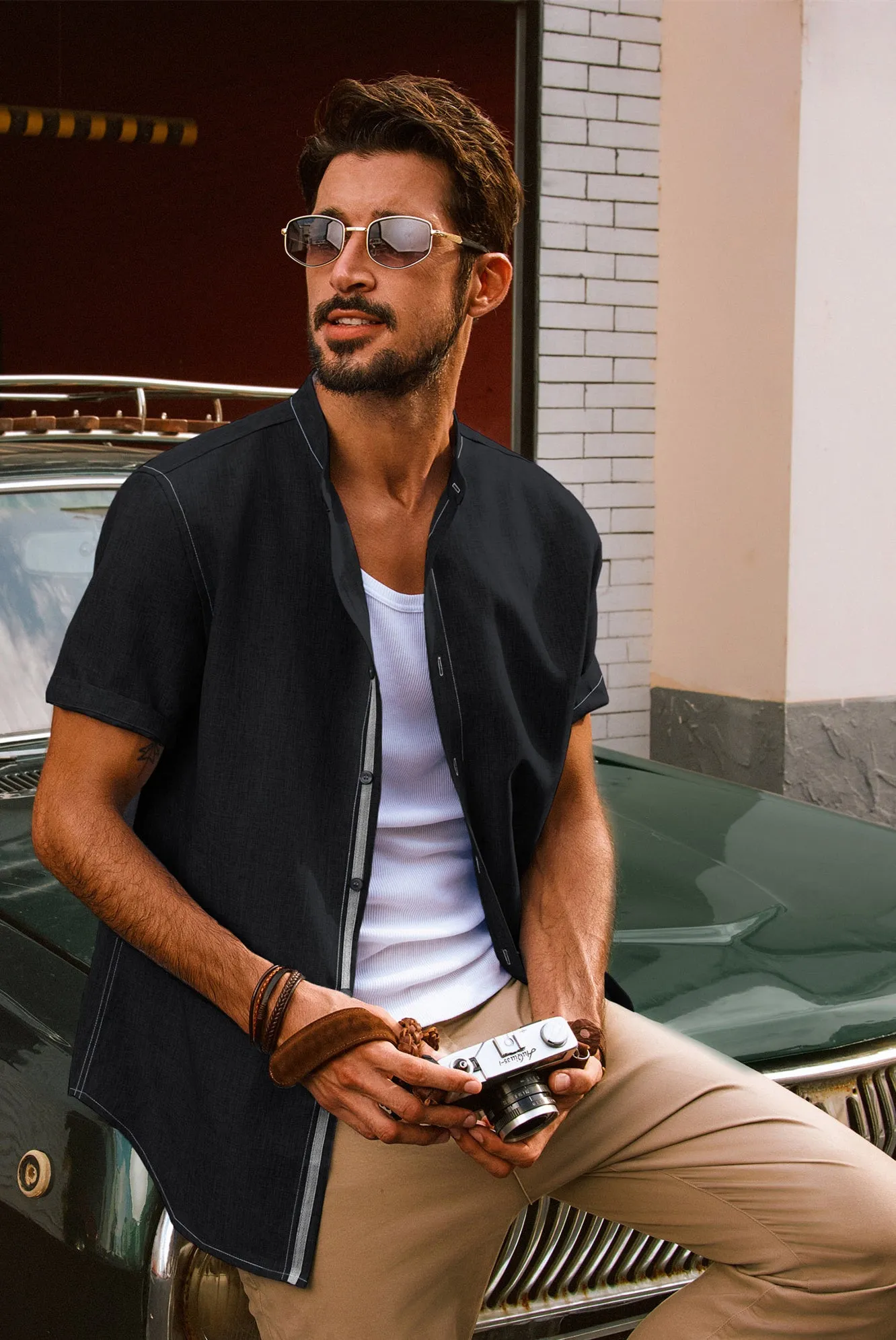 Men Stand Collar Shirt Casual Short Sleeve Curved Hem Button-up Tops