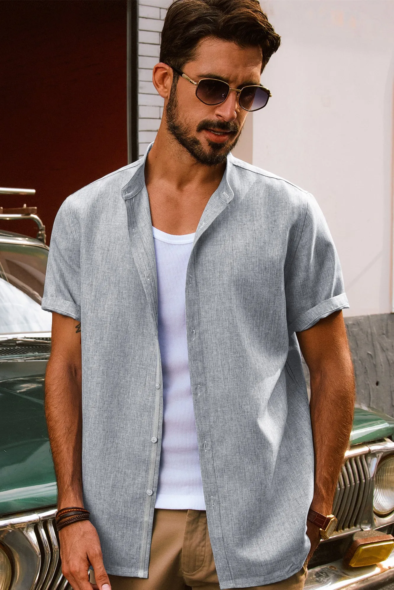 Men Stand Collar Shirt Casual Short Sleeve Curved Hem Button-up Tops