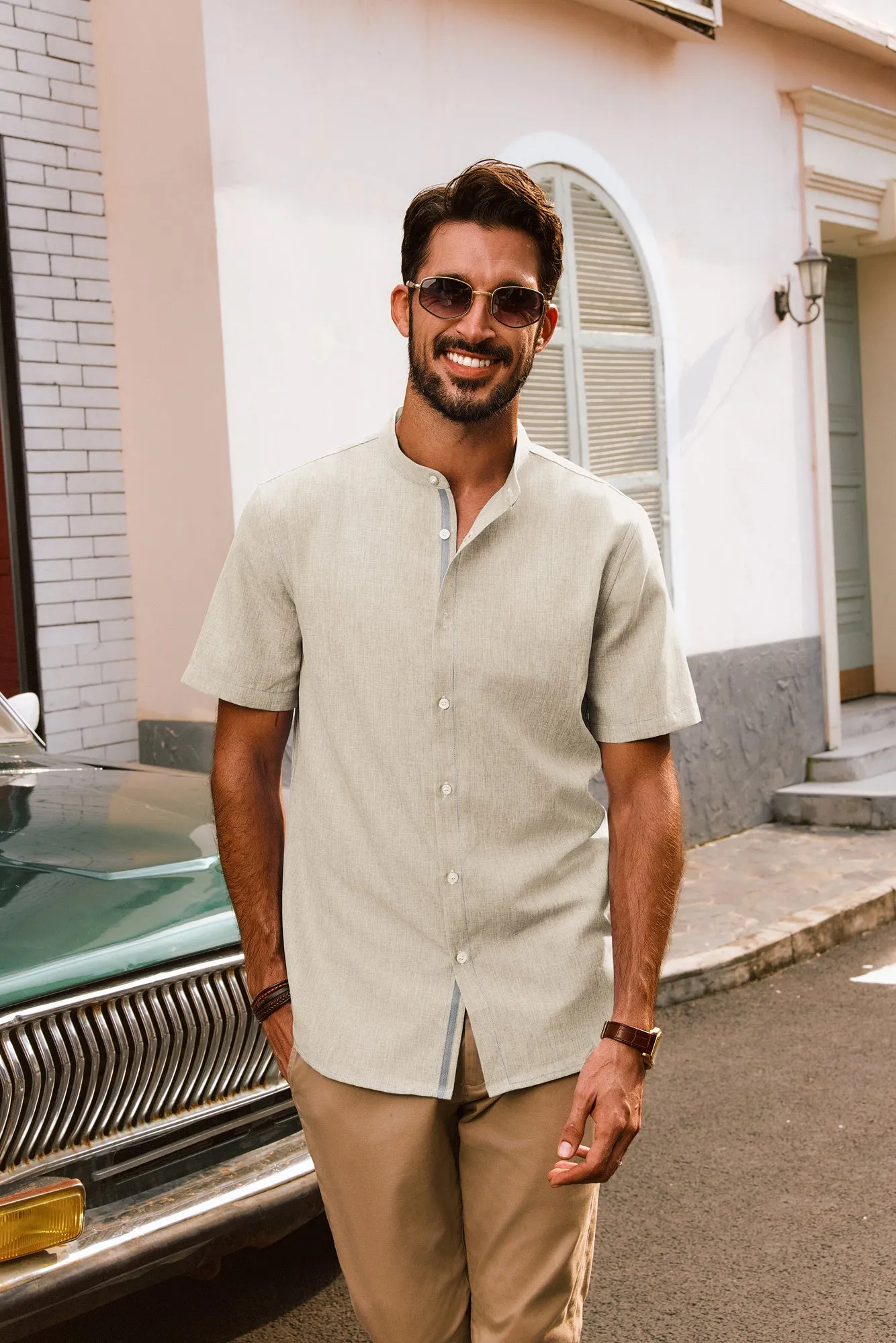 Men Stand Collar Shirt Casual Short Sleeve Curved Hem Button-up Tops