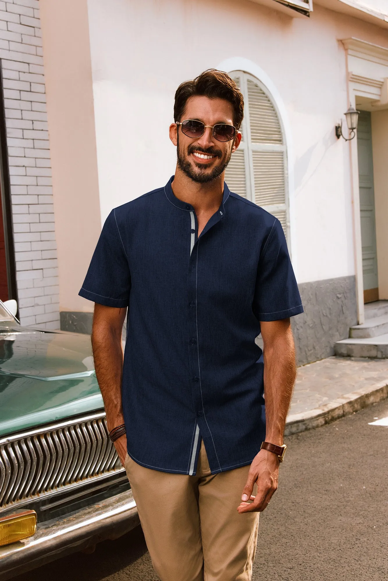 Men Stand Collar Shirt Casual Short Sleeve Curved Hem Button-up Tops