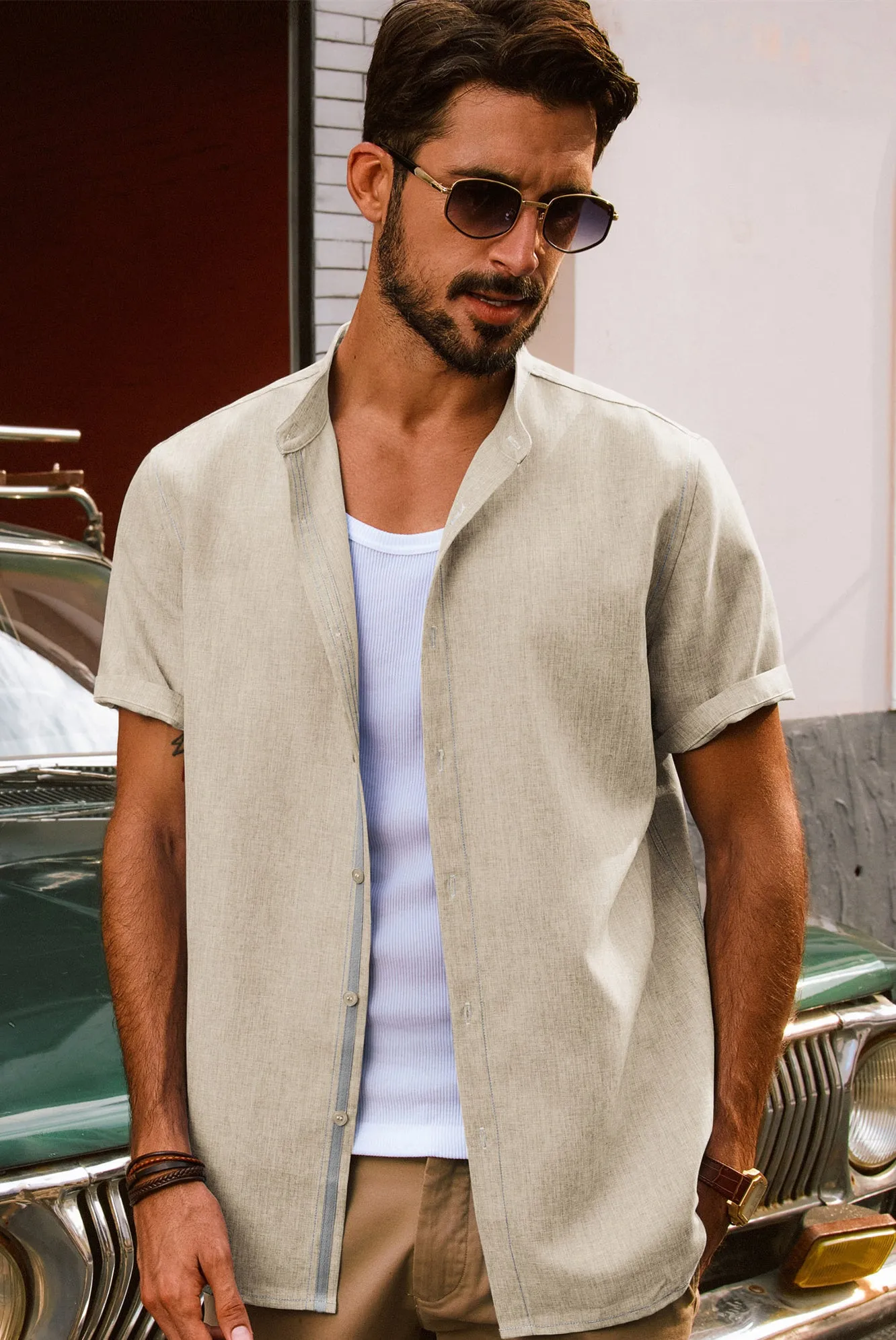 Men Stand Collar Shirt Casual Short Sleeve Curved Hem Button-up Tops