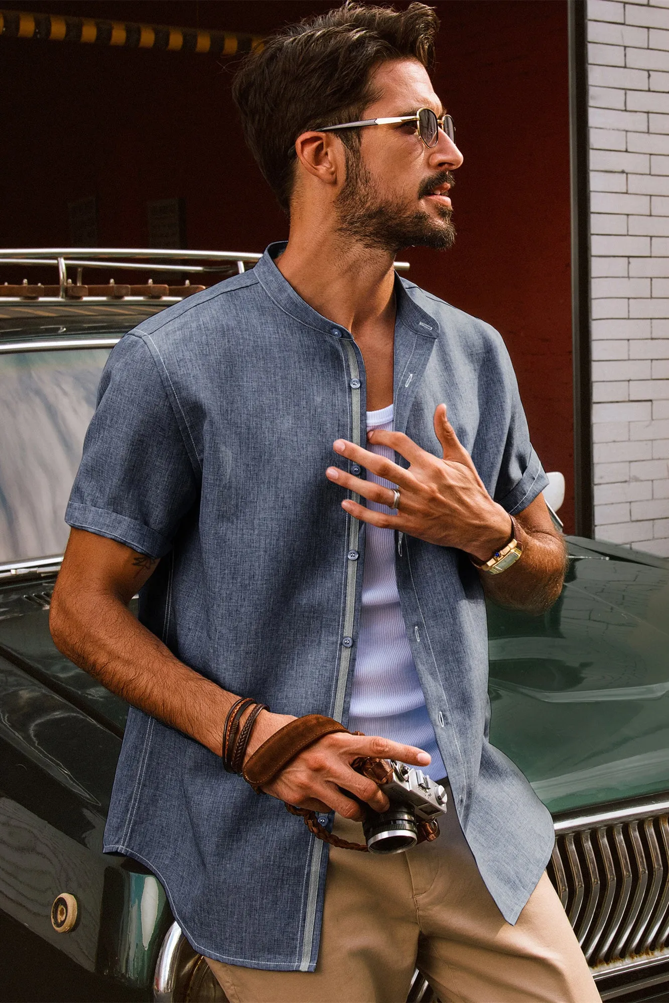 Men Stand Collar Shirt Casual Short Sleeve Curved Hem Button-up Tops