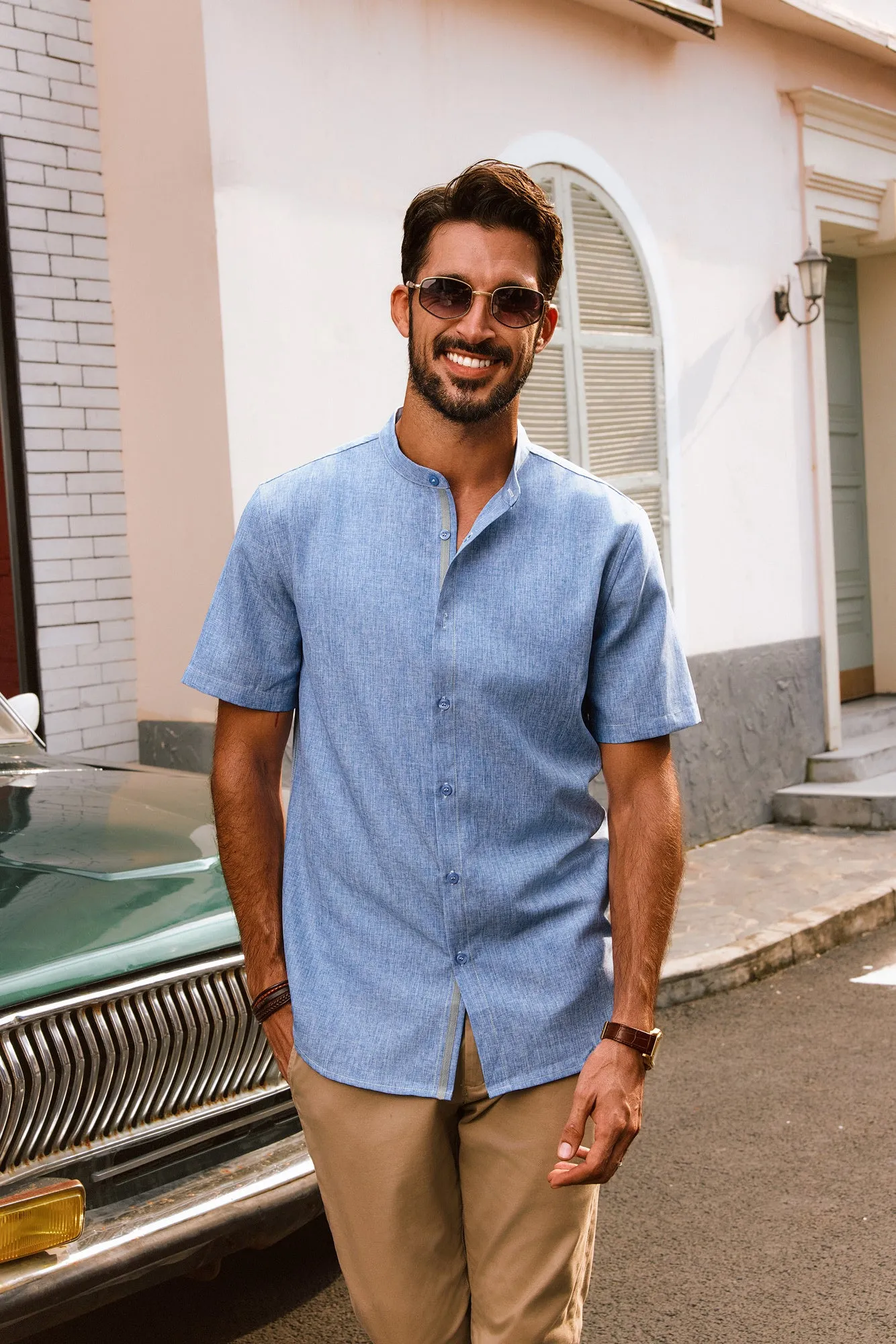 Men Stand Collar Shirt Casual Short Sleeve Curved Hem Button-up Tops