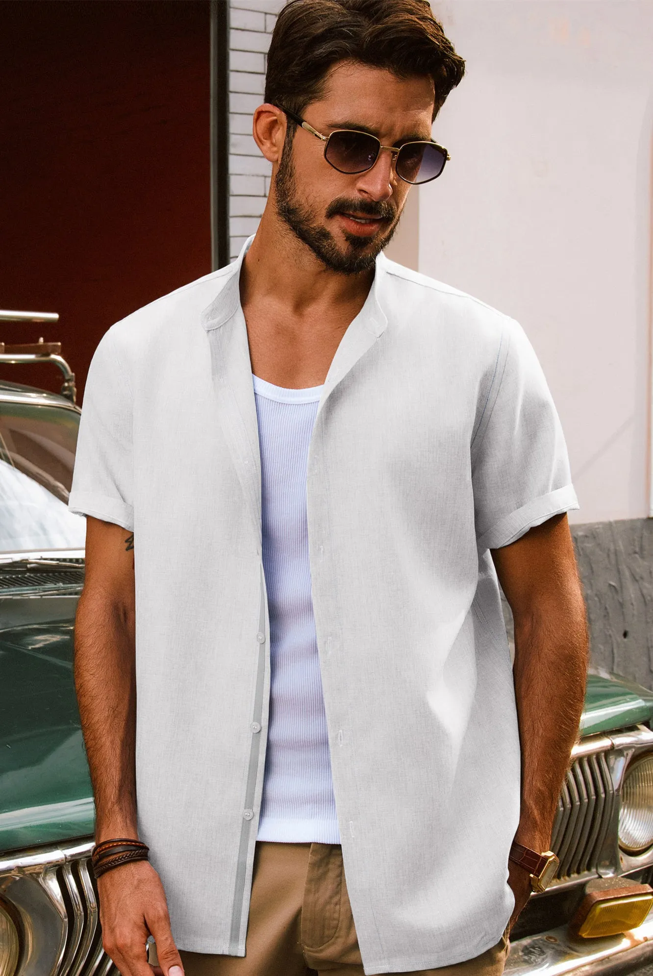 Men Stand Collar Shirt Casual Short Sleeve Curved Hem Button-up Tops