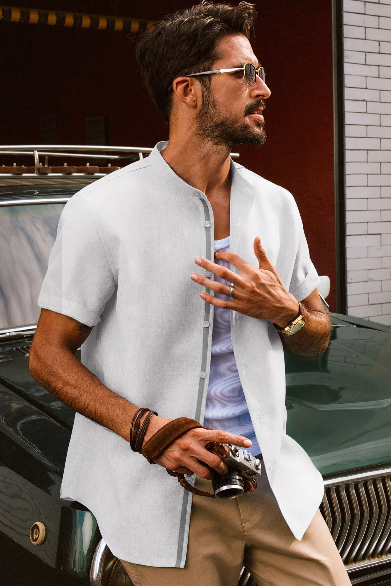 Men Stand Collar Shirt Casual Short Sleeve Curved Hem Button-up Tops