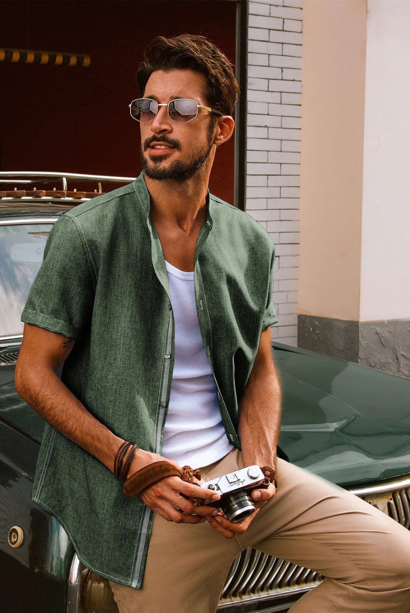 Men Stand Collar Shirt Casual Short Sleeve Curved Hem Button-up Tops