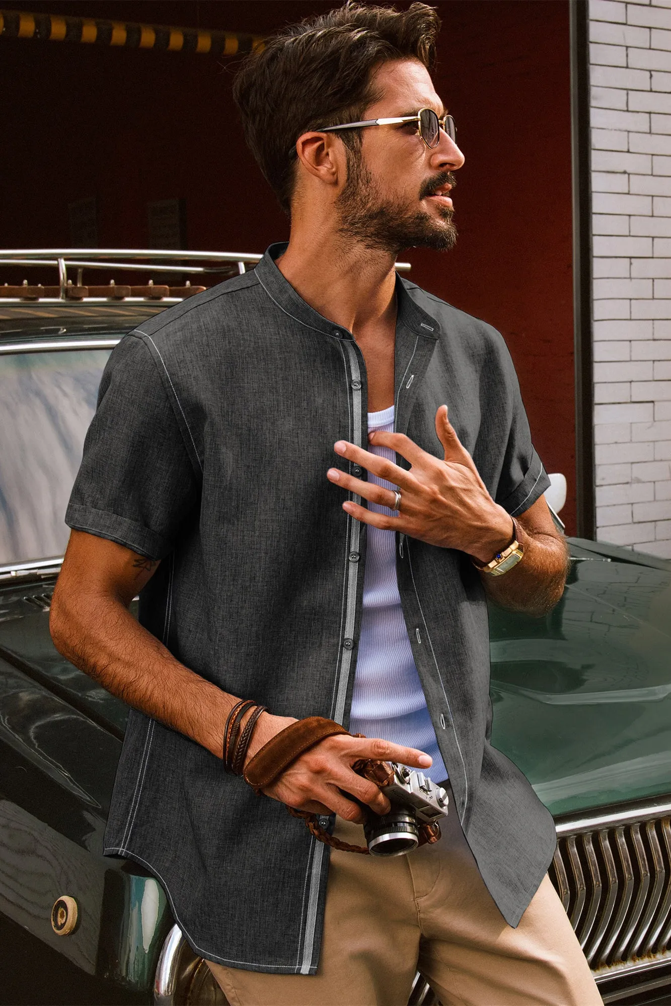 Men Stand Collar Shirt Casual Short Sleeve Curved Hem Button-up Tops