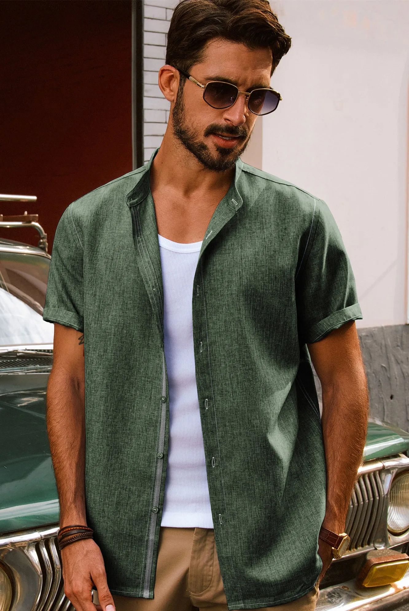 Men Stand Collar Shirt Casual Short Sleeve Curved Hem Button-up Tops