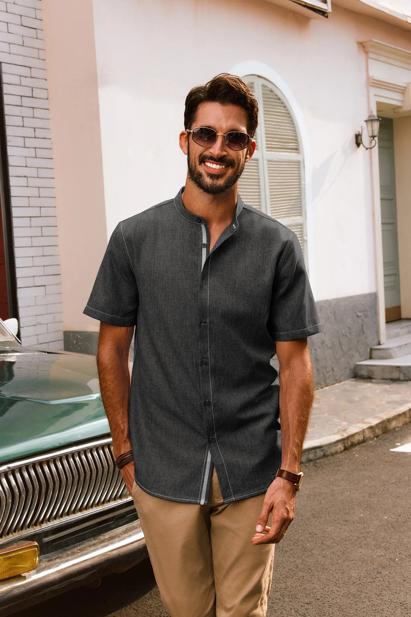 Men Stand Collar Shirt Casual Short Sleeve Curved Hem Button-up Tops
