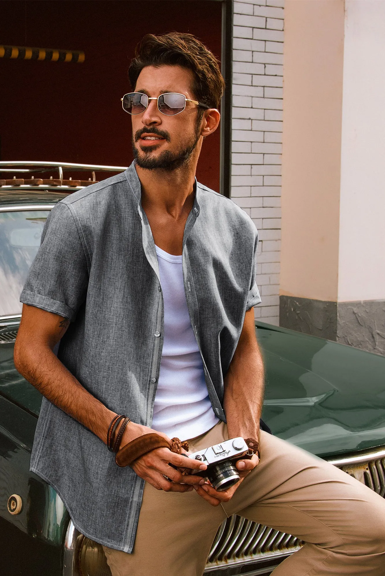 Men Stand Collar Shirt Casual Short Sleeve Curved Hem Button-up Tops