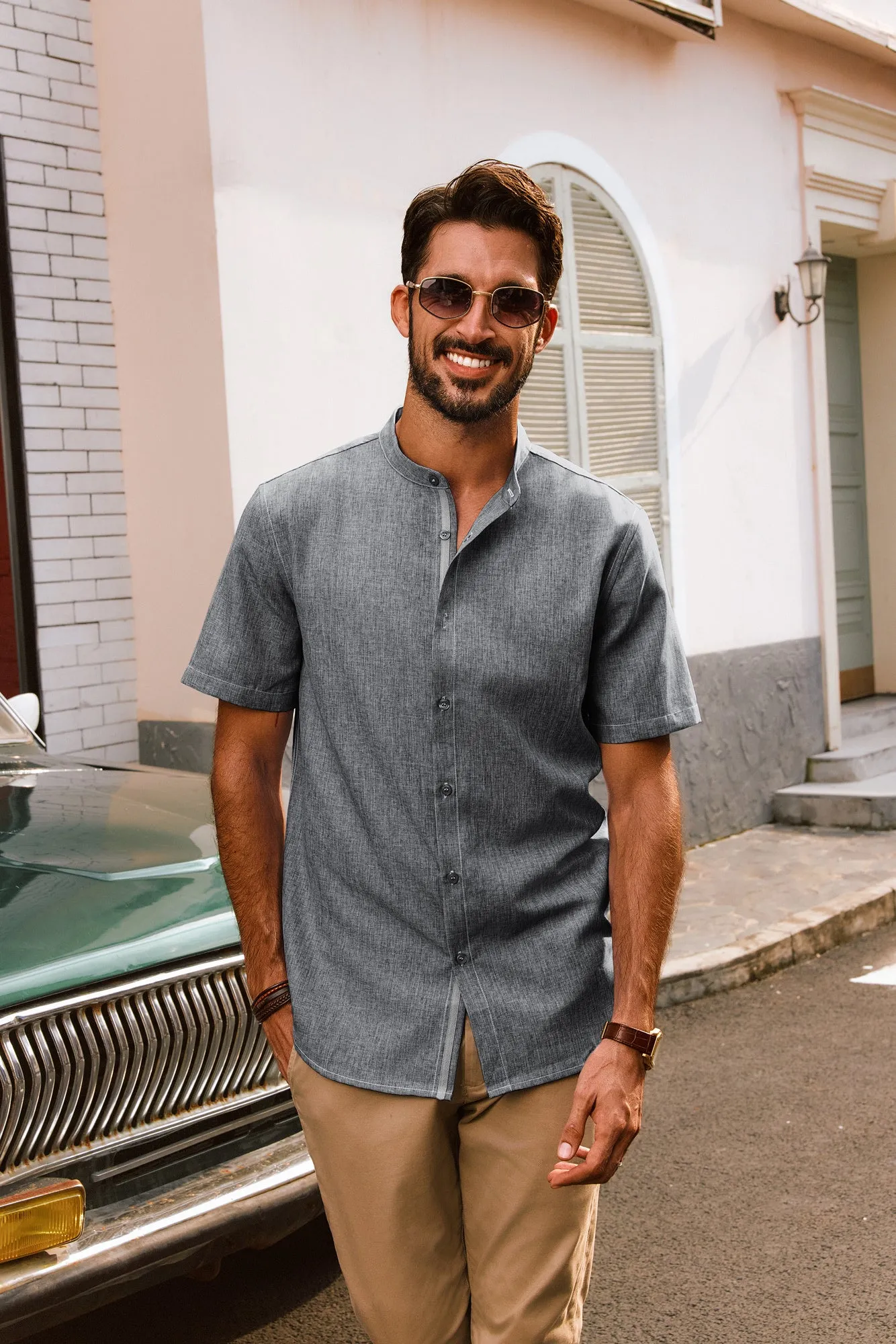 Men Stand Collar Shirt Casual Short Sleeve Curved Hem Button-up Tops
