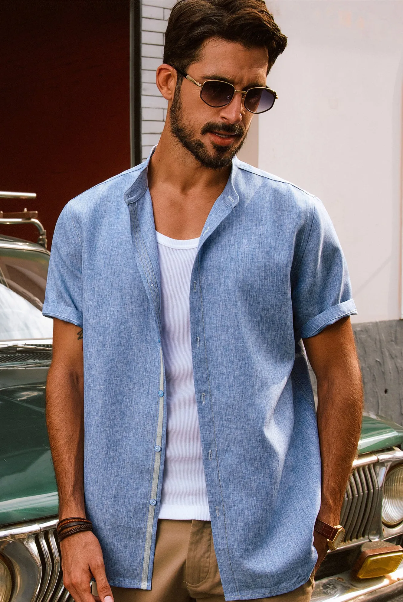 Men Stand Collar Shirt Casual Short Sleeve Curved Hem Button-up Tops